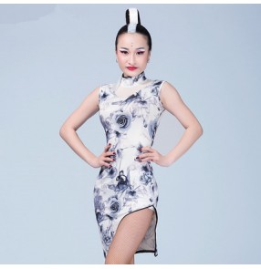 Black white floral printed turtle neck women's ladies female sleeveless backless competition professional performance latin dance dresses